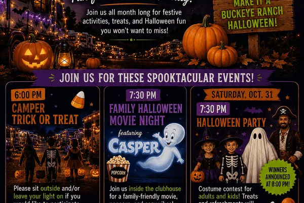 👻 October is looking SPOOK-tacular at Buckeye Ranch RV Resort! 🎃