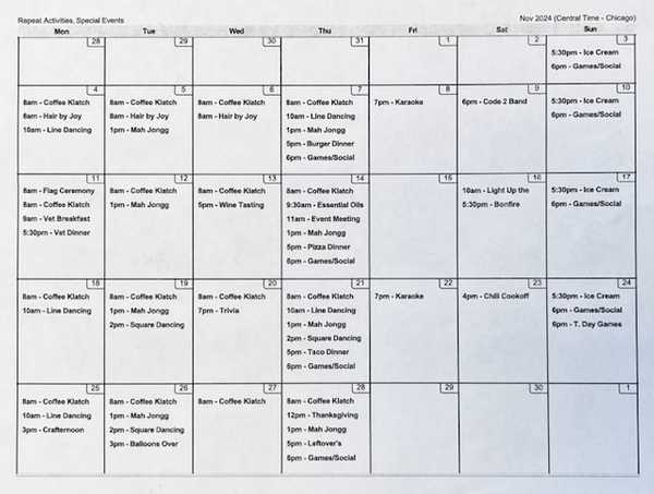 Monthly calendar of events