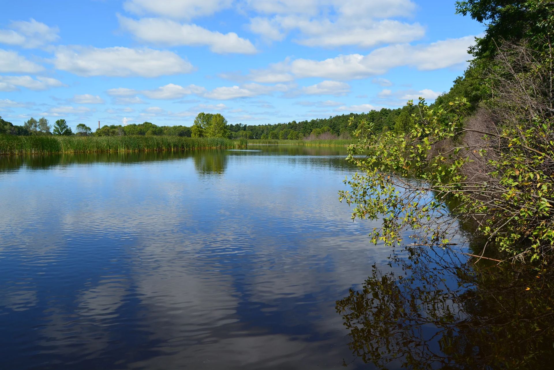 Pioneer Trail Park & Campground: A tranquil river reflects blue skies and clouds, surrounded by lush greenery and trees along the banks.