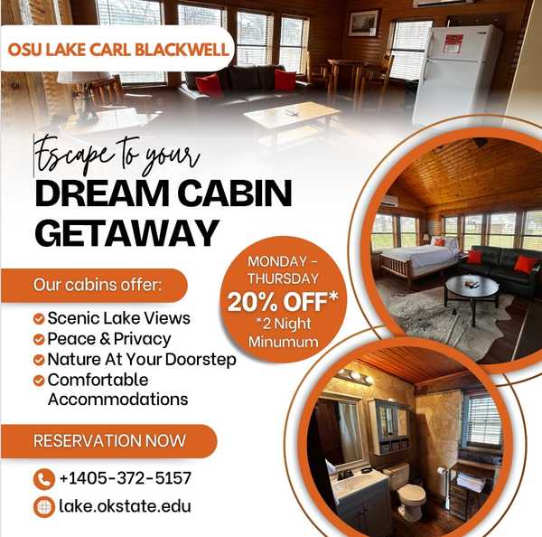 Escape to Lake Carl Blackwell for a Midweek Cabin Special!